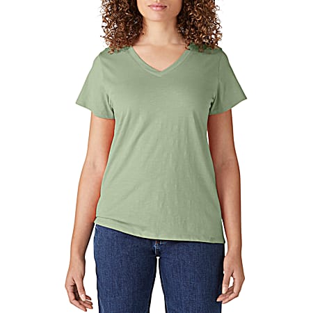 Women's Celedon Green Regular Fit V-Neck Short Sleeve Cotton T-Shirt
