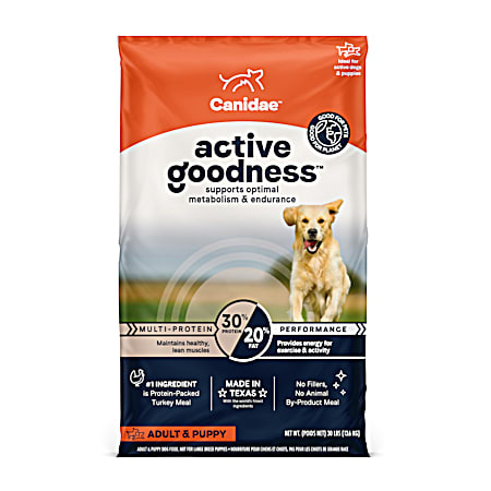 Active Goodness Adult & Puppy 30/20 Multi-Protein Dry Dog Food, 30 lbs