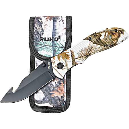 Outfitter 3.5 Tundra Realistic Camo Gut Hook Blade Folding Knife w/ Sheath