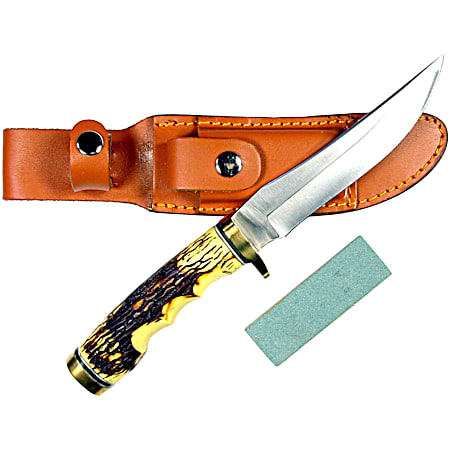 Deer Horn Handle Hunting Knife w/ Genuine Leather Sheath