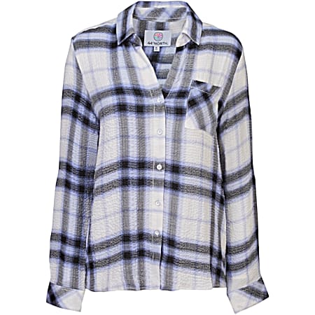 Women's Lavender Plaid Button Front Long Sleeve Crinkle Woven Camp Shirt