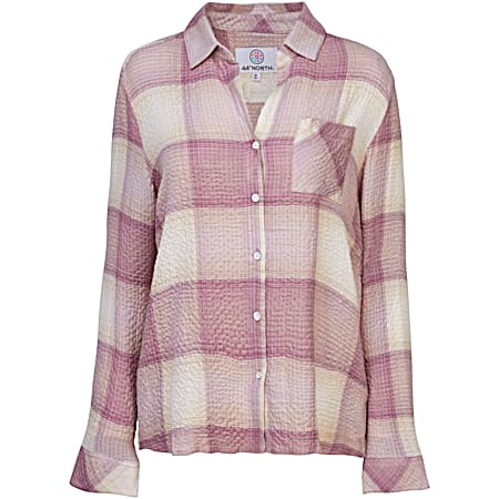 Women's Elderberry Plaid Button Front Long Sleeve Crinkle Woven Camp Shirt