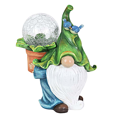 Gnome w/ Crackle Ball Flower Pot Solar Statue