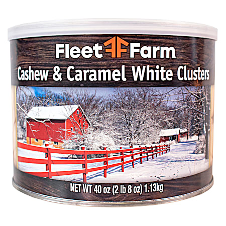 40 oz Holiday Cashew & Caramel White Clusters in a Red Barn Tin