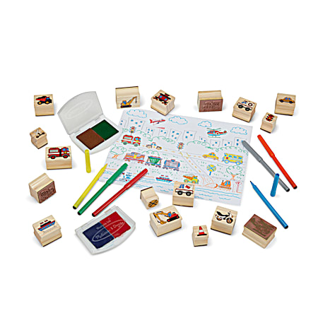 38 pc Deluxe Vehicle-Themed Wooden Stamp Set