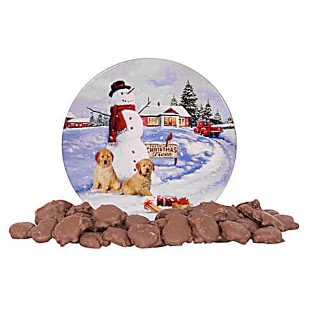 16 oz Pecan Caramel Milk Chocolate Clusters in Snowman w/ Puppies Tin