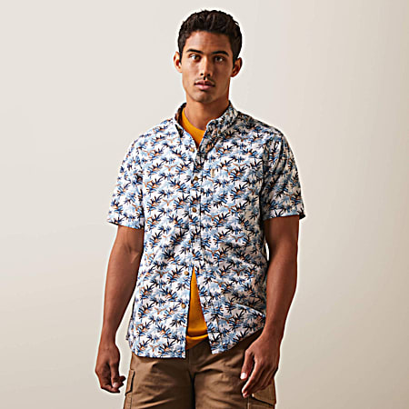 Men's White Palm Waves Button Front Modern Shirt