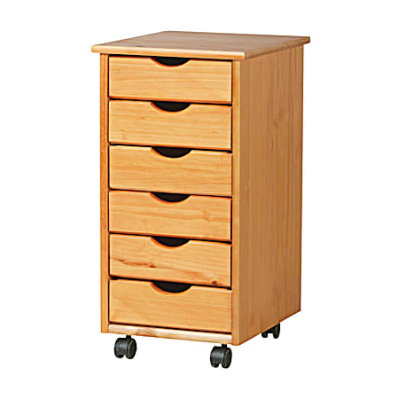 Medium Pine 6-Drawer Solid Wood Mobile Storage Cart