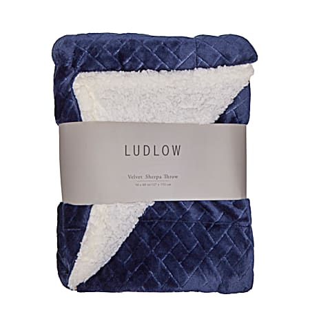 Navy Lattice Etched Velvet Sherpa Throw 50x60