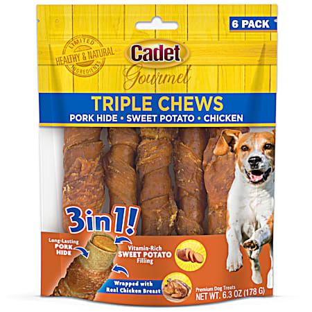 Gourmet Triple Chews Pork Hide/Chicken/Sweet Potato 3-in-1 Dog Chews - 6 Pk