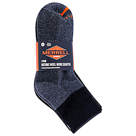 Merrell Adult Grey Merino Wool Work Quarter Socks - 3 Pk