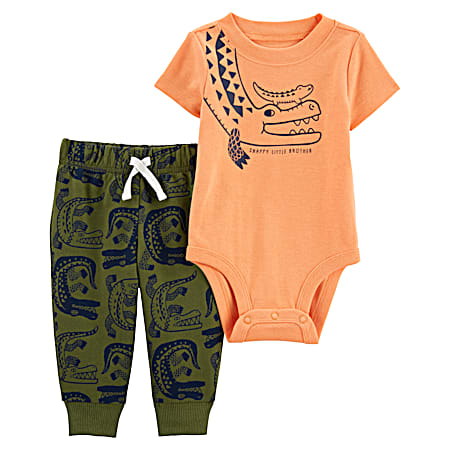 Infant Orange Multi Alligator Bodysuit Pant Set - 2 pc