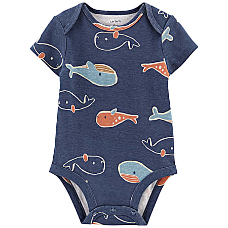 Infant Navy Baby Whale Short Sleeve Bodysuit