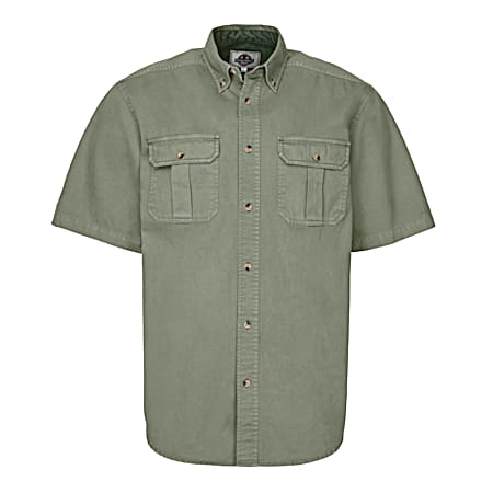 Men's TOUGH Olive Button Front Short Sleeve Cotton Twill Shirt