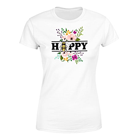 Women's White Bee Happy Trend Short Sleeve Shirt