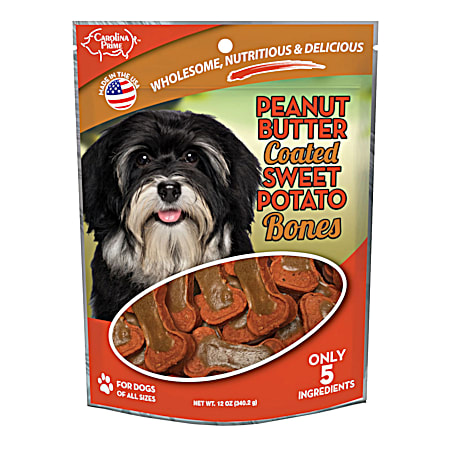 12 oz Peanut Butter Coated Sweet Potato Bones Dog Treats