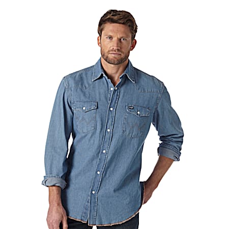 Men's Stonewash Indigo Cowboy Cut Snap Front Long Sleeve Cotton Shirt