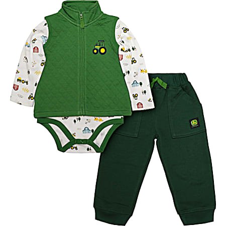 Infant Boys' White/Green Tractor Set - 3 Pc