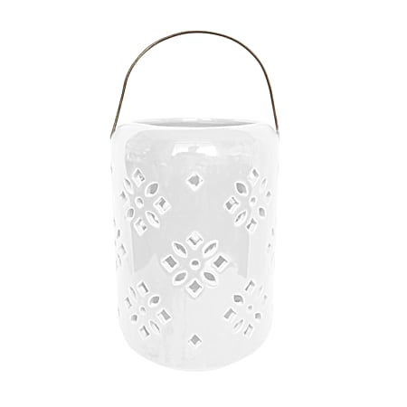 7 in. White Solar Flower Ceramic Lantern