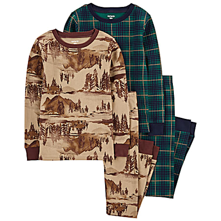 Little Boys' Navy/Brown Thermal Print Pajamas - 4 Pc