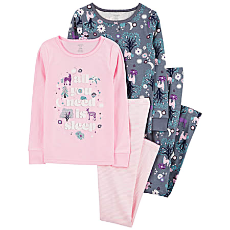 Little Girls' Pink/Blue Unicorn Print Pajamas - 4 Pc
