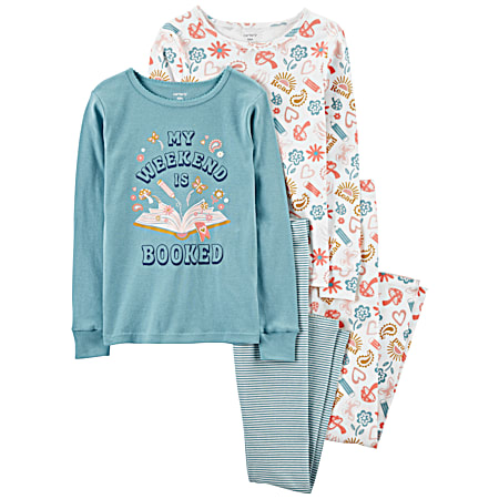 Little Girls' Teal/Orchre Reading Print Pajamas - 4 Pc