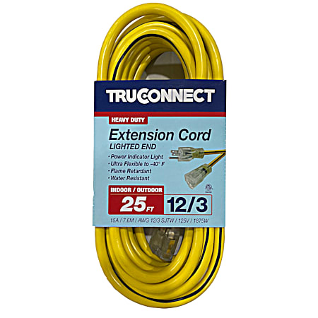 25 ft Yellow w/Black Stripe Heavy-Duty 12/3 SJTW Lighted End Extension Cord