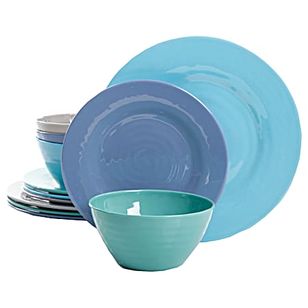 12 pc Green/Blue/Gray/Periwinkle Blue Melamine Dinnerware Set