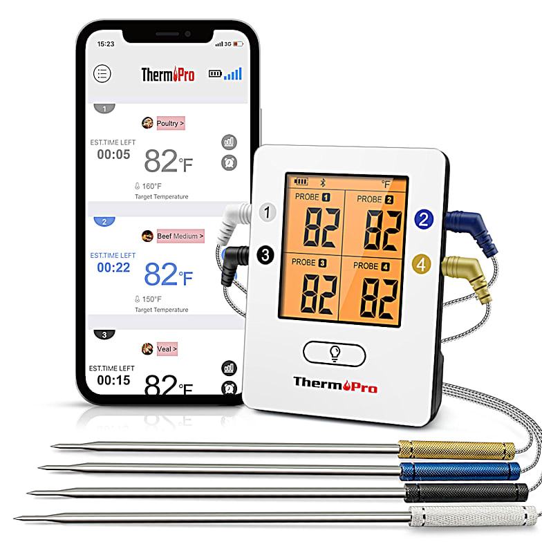Grillthermometer kabellos Fleischthermometer, TM40 Bratenthermometer mit 4  Temperaturfühlern, FNST Bildschirm 490FT Fernbereich Grill thermometer