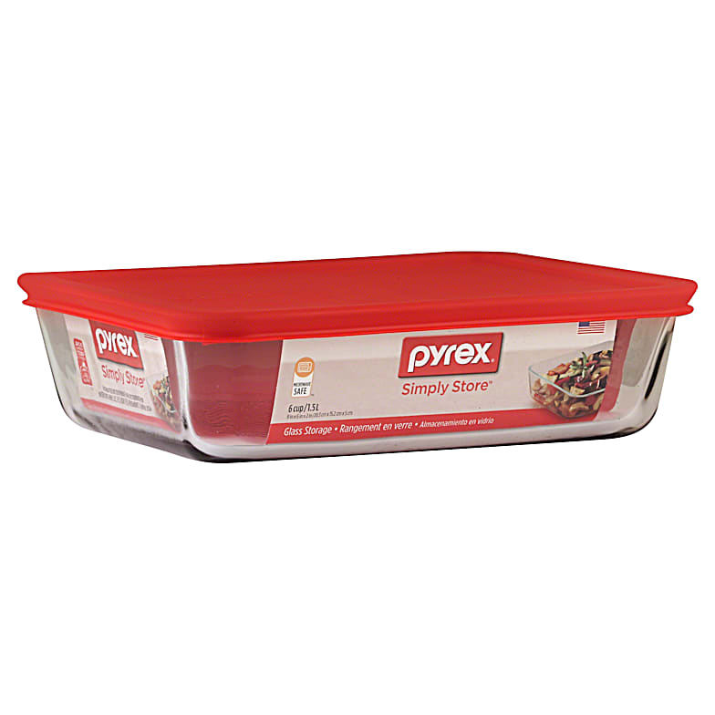Pyrex Simply Store 6-Cup Rectangular Glass Food Storage with Red Lid (Pack  of 24)