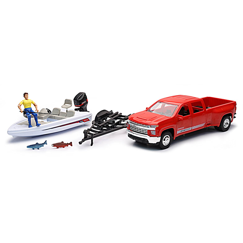 Red Pickup Truck W/ Fishing Boat Playset, Toy Bass Boat And Truck