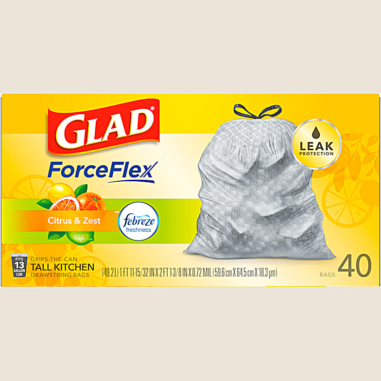 Glad ForceFlexPlus Tall Kitchen Drawstring Trash Bags Gain + Febreze 13 Gal  90ct