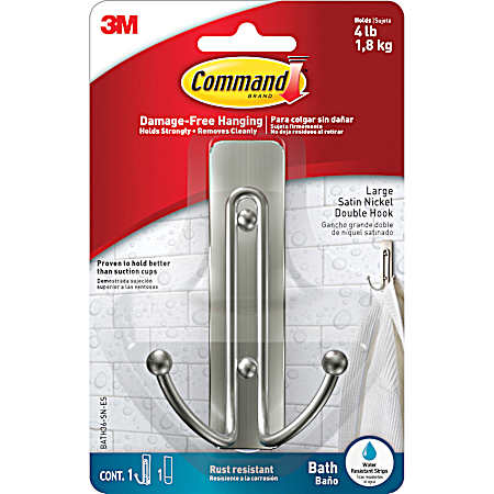 Command Bath Large Double Hook - Satin Nickel