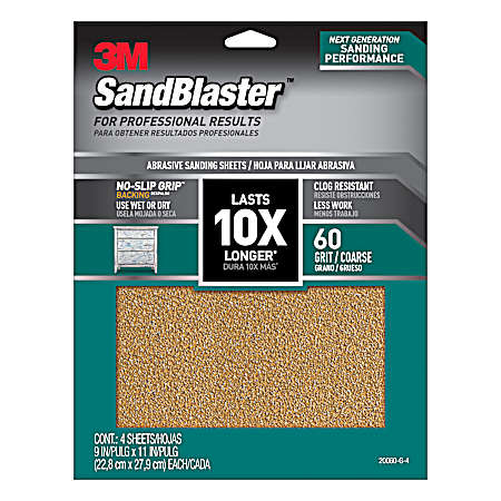 SandBlaster 10X 60 Grit Sandpaper w/ No-Slip Grip Backing  - 4 Pk