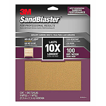 SandBlaster 10X 100 Grit Sandpaper w/ No-Slip Grip Backing  - 4 Pk