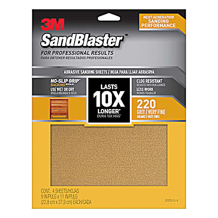 SandBlaster 10X 220 Grit Sandpaper w/ No-Slip Grip Backing  - 4 Pk