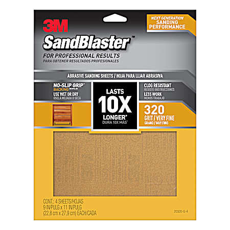 SandBlaster 10X 320 Grit Sandpaper w/ No-Slip Grip Backing  - 4 Pk