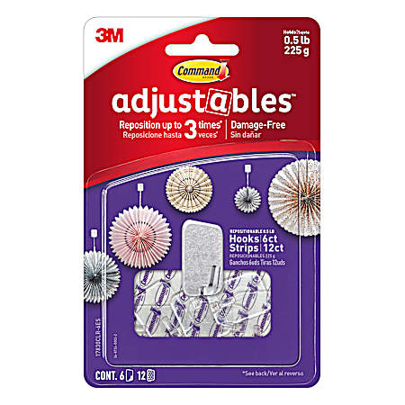 0.5 lb Adjustables Repositionable Hooks - 6 Hooks & 12 Strips