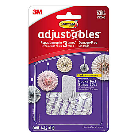 0.5 lb Adjustables Repositionable Hooks Value Pack - 14 Hooks & 30 Strips