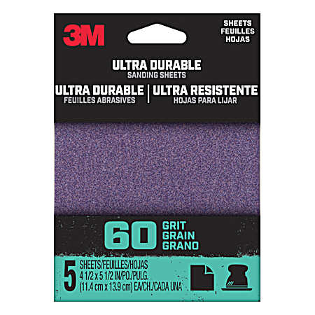 60 Grit Ultra Durable Palm Sanding 1/4 Sheet - 5 Pk