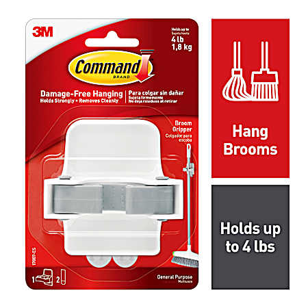 Command Broom and Mop Grippers Wall Hook  White  for Dorm Room Mops and Brooms  1 Hanger