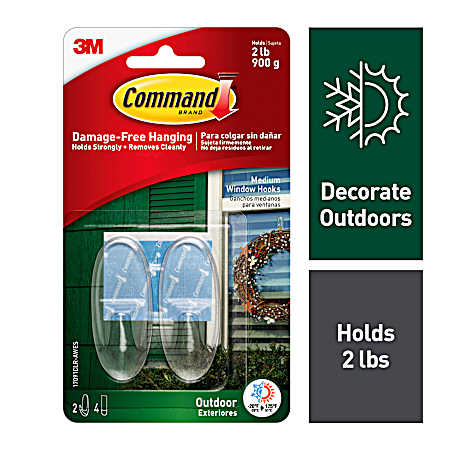 Medium Outdoor Clear Window Hooks - 2 Hooks & 4 Strips