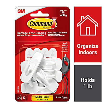Small White Hooks Value Pack - 6 Hooks & 12 Strips