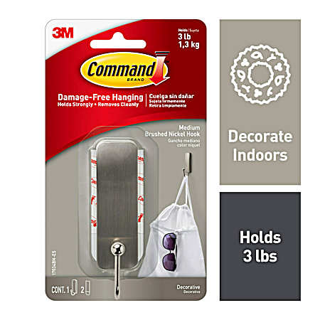 Medium Brushed Nickel Self Adhesive Hook - 1 Hook & 2 Strips