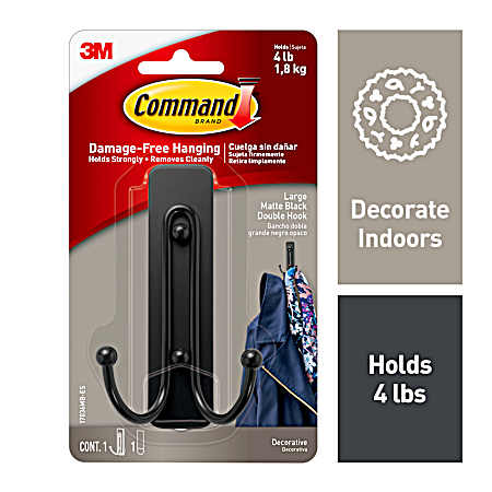 Large Black Double Wall Hooks - 1 Hook & 1 Strip