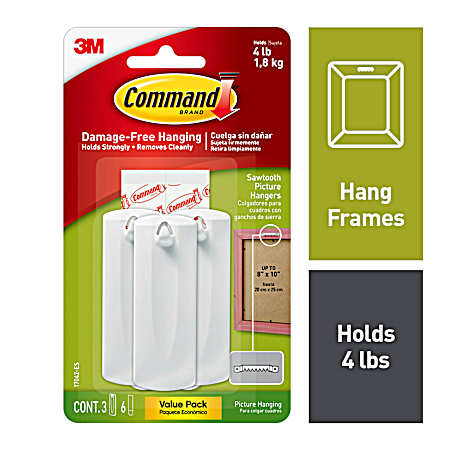 Large White Sawtooth Picture Hangers - 3 Hangers & 6 Strips