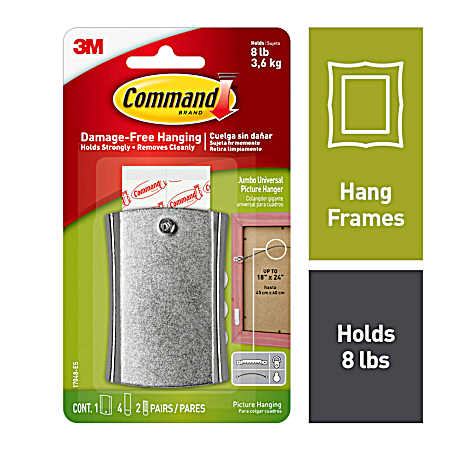 Jumbo Universal Steel Effect Single Picture & Frame Hanging - 1 Hanger, 4 Strips & 2 Sets of Mini Strips