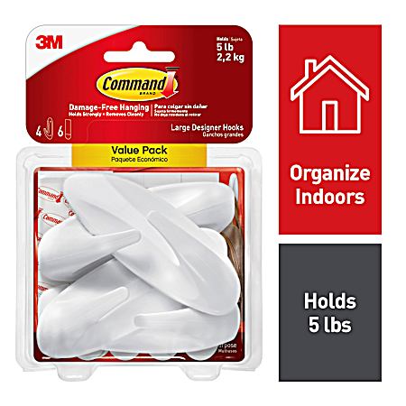 Large White Designer Hooks - 4 Hooks & 6 Strips