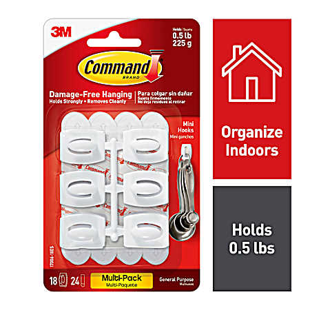 Mini White Wall Hooks - 18 Hooks & 24 Strips