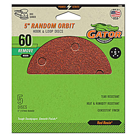 5 in. Red 5-Hole Random Orbit Hook & Loop Sanding Disc 60 Grit - 5 Pk.